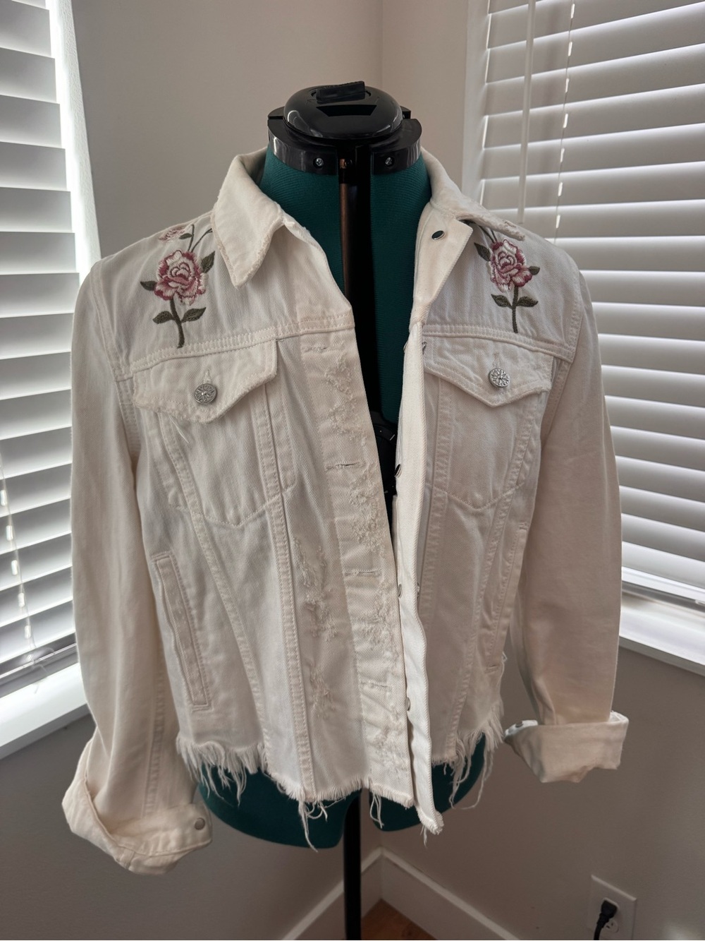 DRIFTWOOD White Denim Jacket with Pink Rose Embroidery